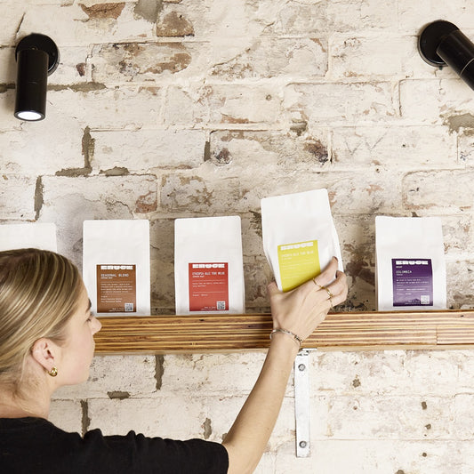 Coffee bean bags on shelf
